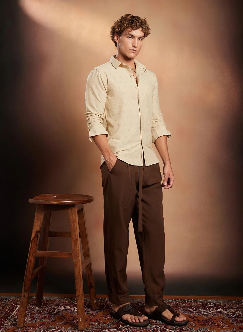 Campus Sutra Campus Sutra Men's Sand Beige Polka-Tactile Shirt For Casual Wear | Spread Collar | Long Cuffed Sleeves | Button Closure | Shirt Crafted With Comfort Fit For Everyday Wear