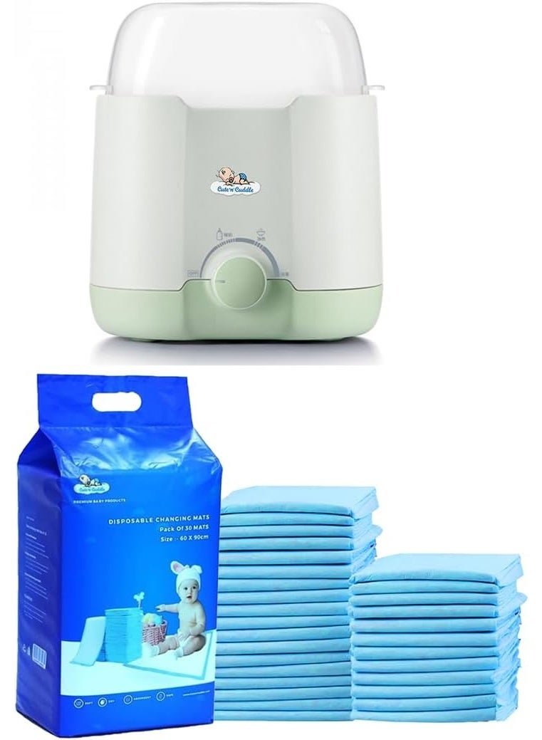 لطف وحضن سخان حليب للأطفال محمول كهربائي مع حصائر تغيير قابلة للاستخدام لمرة واحدة من Cute 'n' Cuddle (30 قطعة، 60×90 سم، أزرق) | سخان زجاجات سريع لحليب الثدي والماء وفوط حفاضات فائقة الامتصاص ومقاومة للماء للسفر - Image 1