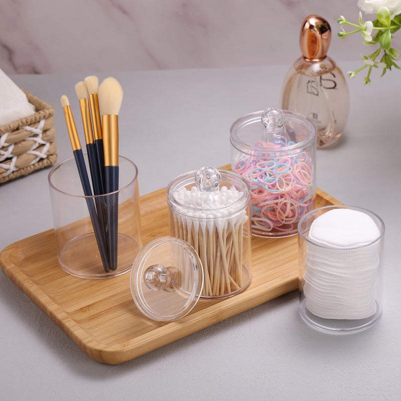 WEISHI 4 Pack Qtip Holder Dispenser - Cotton Ball, Swab, Round Pads, Floss , Small Clear Plastic Apothecary Jar Containers with Lids for Bathroom Storage and Organization, Vanity Organizer - Image 3