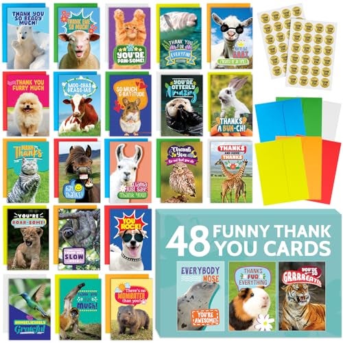 T MARIE 48 Funny Thank You Cards with Colorful Envelopes and Gold Stickers - Bulk 4x6” Boxed Set for Employee Appreciation Cards, Kids, Friends, Staff and Customers - Cute Animal Designs - Image 1