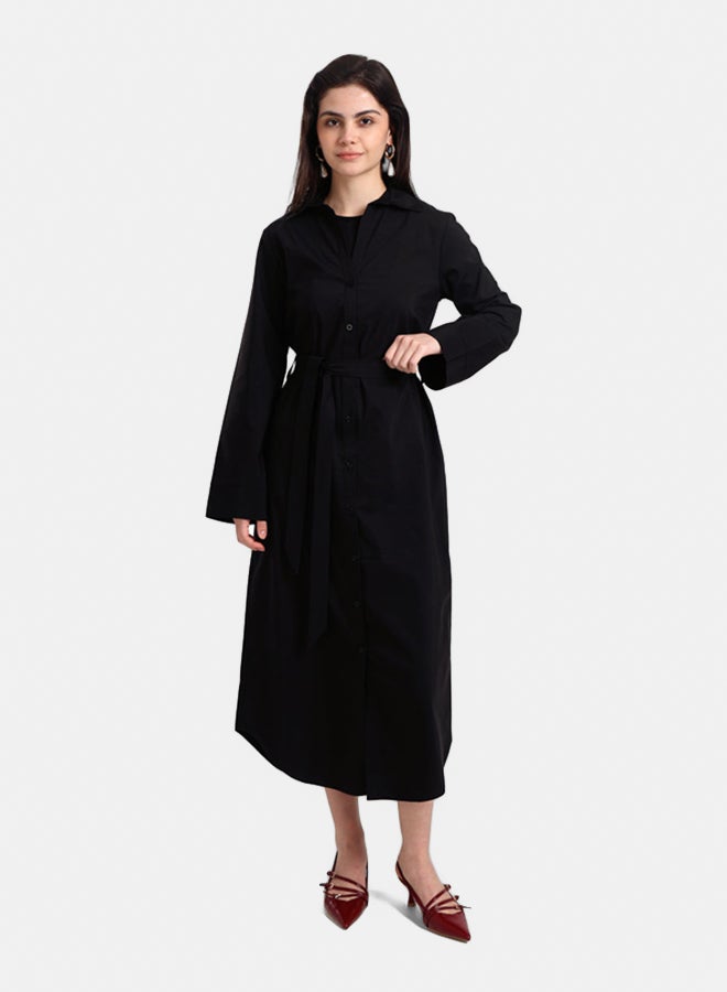Carina Women's Classic Poplin Button-Down Midi Shirt Dress with Waist Belt - Black - Image 1