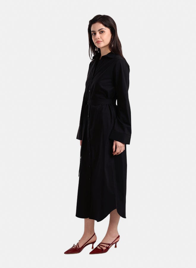 Carina Women's Classic Poplin Button-Down Midi Shirt Dress with Waist Belt - Black - Image 5