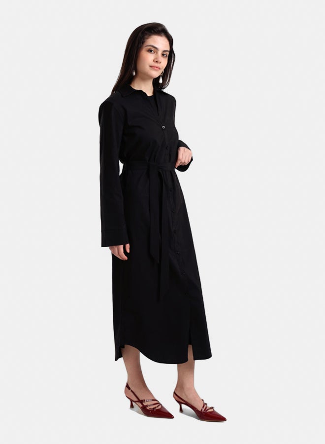 Carina Women's Classic Poplin Button-Down Midi Shirt Dress with Waist Belt - Black - Image 2