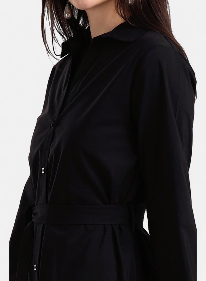 Carina Women's Classic Poplin Button-Down Midi Shirt Dress with Waist Belt - Black - Image 4