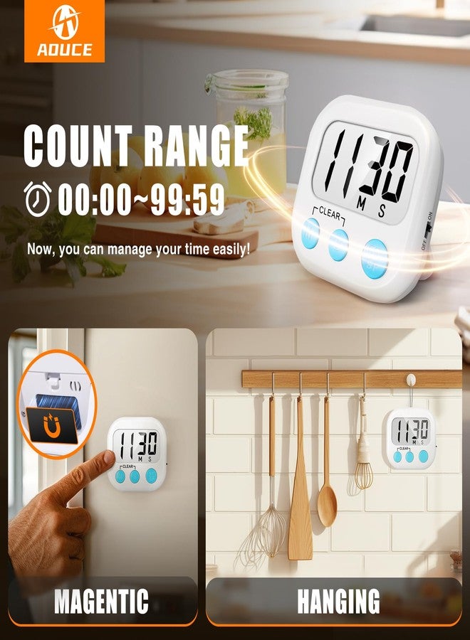 AOUCE 2 Pack Digital Kitchen Timer for Cooking Big Digits Loud Alarm Magnetic Backing Stand Cooking Timers for Baking White - Image 3