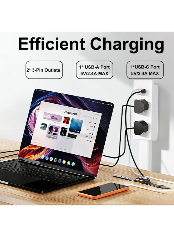 قابس تمديد كهربائي دوار 180 درجة، شريط طاقة 1500 واط مع منفذي تيار متردد، منفذ USB-A و USB-C، سلك تمديد قابل للسحب 71.5 سم - Image 4