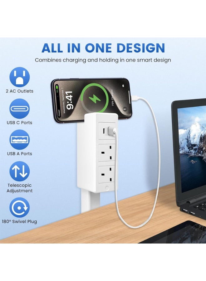 قابس تمديد كهربائي دوار 180 درجة، شريط طاقة 1500 واط مع منفذي تيار متردد، منفذ USB-A و USB-C، سلك تمديد قابل للسحب 71.5 سم - Image 5