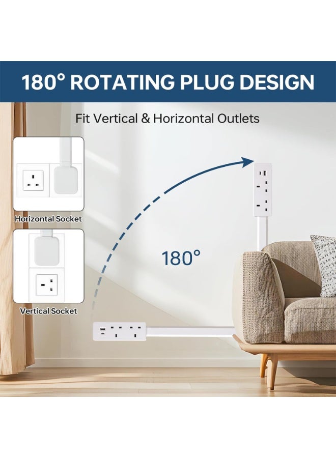 قابس تمديد كهربائي دوار 180 درجة، شريط طاقة 1500 واط مع منفذي تيار متردد، منفذ USB-A و USB-C، سلك تمديد قابل للسحب 71.5 سم - Image 3
