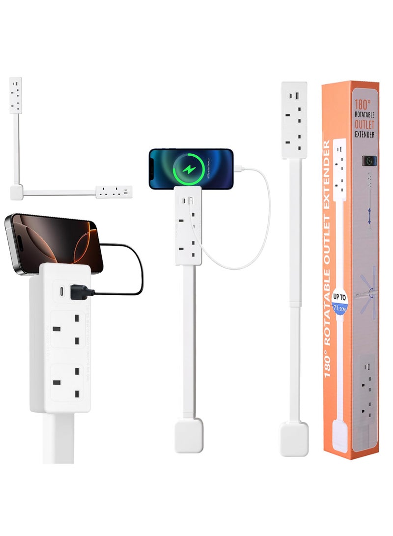 قابس تمديد كهربائي دوار 180 درجة، شريط طاقة 1500 واط مع منفذي تيار متردد، منفذ USB-A و USB-C، سلك تمديد قابل للسحب 71.5 سم - Image 1