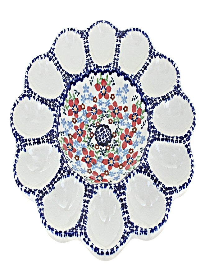 Blue Rose Pottery Blue Rose Polish Pottery - Red Poppy Egg Plate - 10" Diameter - Hand-Painted Polish Pottery Ceramic Deviled Egg Platter for Serving, Entertaining & Holidays - Image 1