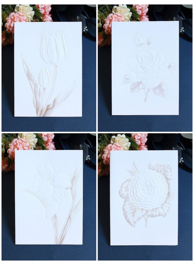 Generic 4 PCS Embossed Floral Greeting Cards with Envelopes – 4 Different Designs – Elegant Blank Cards for Birthday, Thank You, Wedding & Special Occasions  - Image 1