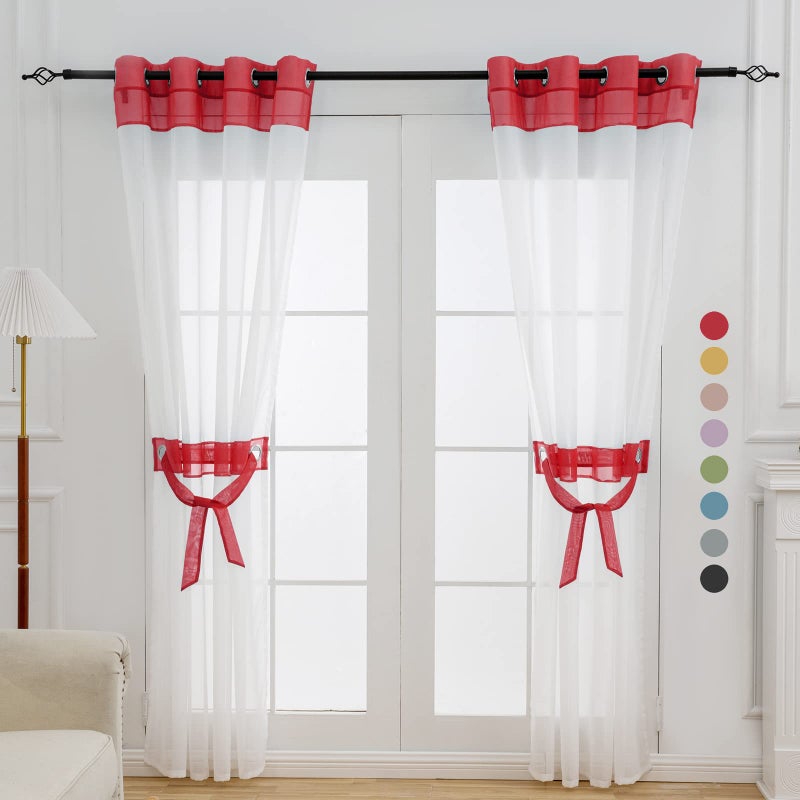 L.Z.E Red and White Sheer Curtains 84 Inches Long 2 Panels Set, Transparent Voile Window Drapes for Living Room & Dining Room with Classic Design, Elegant Grommet Curtain with Tieback - Image 1