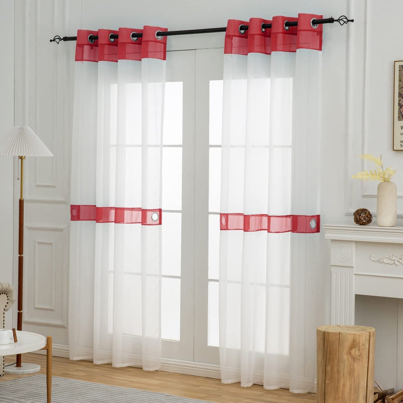 L.Z.E Red and White Sheer Curtains 84 Inches Long 2 Panels Set, Transparent Voile Window Drapes for Living Room & Dining Room with Classic Design, Elegant Grommet Curtain with Tieback - Image 2