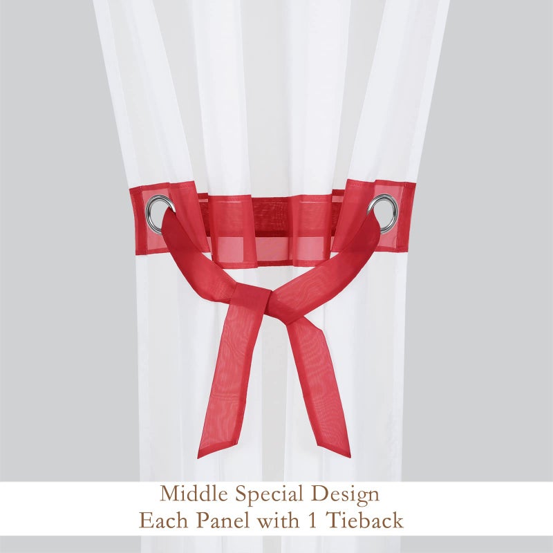 L.Z.E Red and White Sheer Curtains 84 Inches Long 2 Panels Set, Transparent Voile Window Drapes for Living Room & Dining Room with Classic Design, Elegant Grommet Curtain with Tieback - Image 4