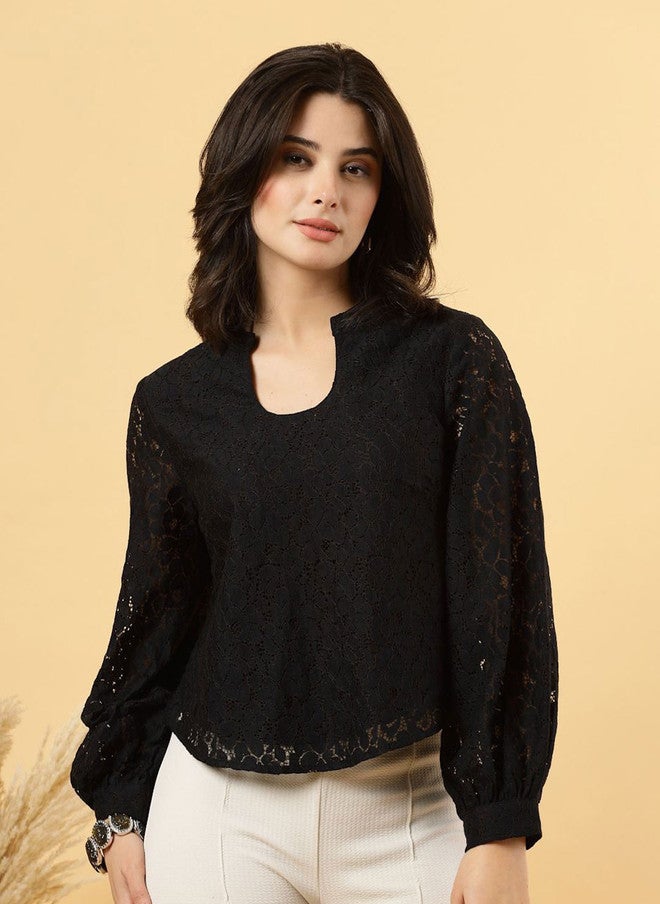 RAASSIO بلوزة سوداء بأكمام منتفخة للنساء - Image 2