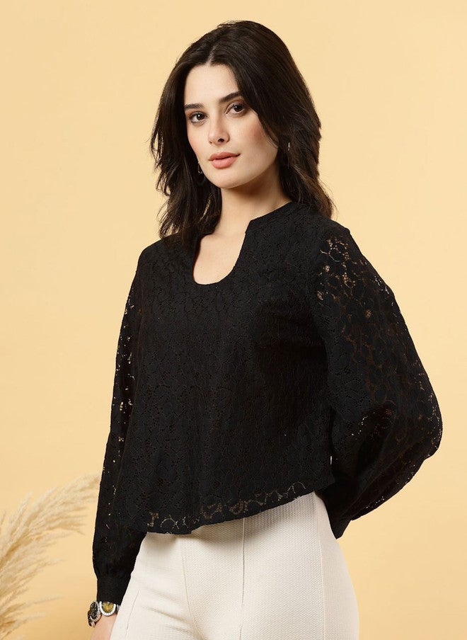 RAASSIO بلوزة سوداء بأكمام منتفخة للنساء - Image 4