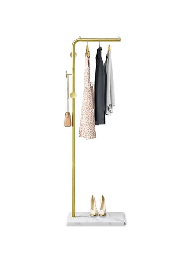 HOOKOR - Metal Coat Rack Freestanding with Natural Marble Base, Entryway Coats Hanger Stand with 3 Hooks, Home Hotel Hall Tree for Coats, Hats, Scarves, Clothes, and Handbags (Gold/white Base) - Image 1