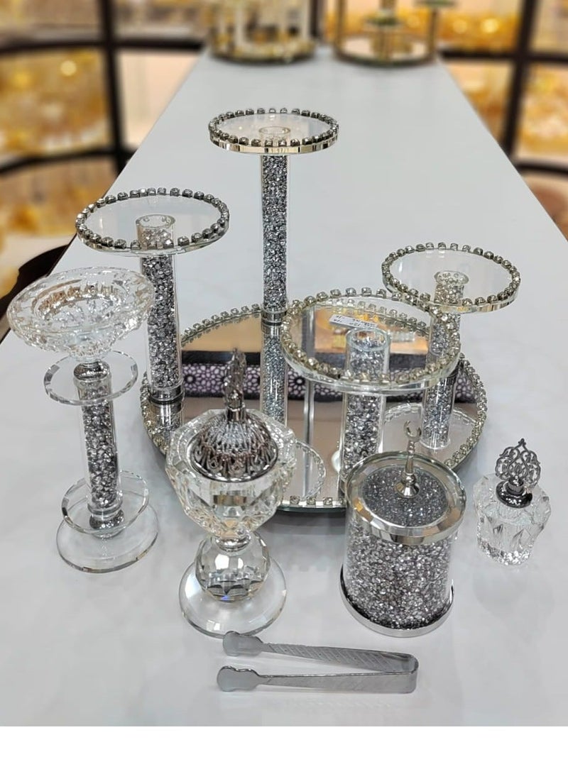 Radin Crystal Incense Bakhoor Burner Set 6Piece Elegance Includes Beautiful Moving Stand Oud Burner Storage Bowl Candle Stand Small Oil Perfume Bottle Safety Tongs and Charcoal Handling Tool - Image 2