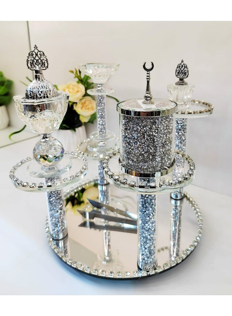 Radin Crystal Incense Bakhoor Burner Set 6Piece Elegance Includes Beautiful Moving Stand Oud Burner Storage Bowl Candle Stand Small Oil Perfume Bottle Safety Tongs and Charcoal Handling Tool - Image 1