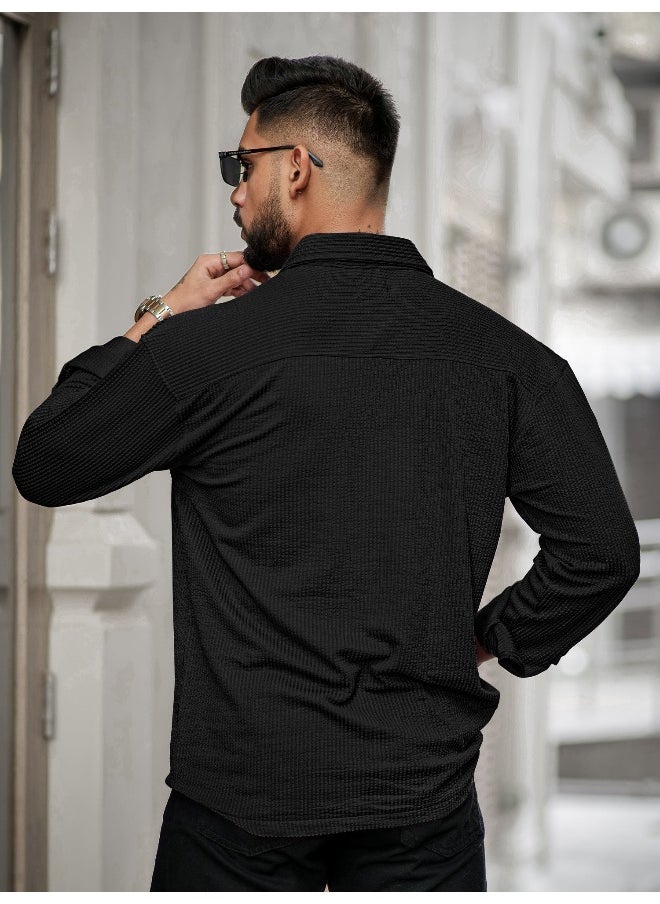 Maniac Mens Solid 2 Pockets collared Neck Full Sleeve Black Oversized Cotton Shirt  - Image 4