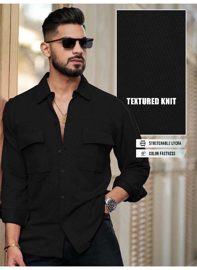Maniac Mens Solid 2 Pockets collared Neck Full Sleeve Black Oversized Cotton Shirt  - Image 3