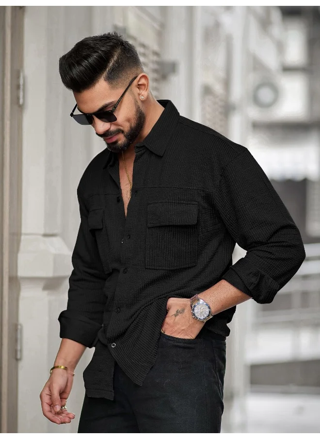 مانياك Mens Solid 2 Pockets collared Neck Full Sleeve Black Oversized Cotton Shirt