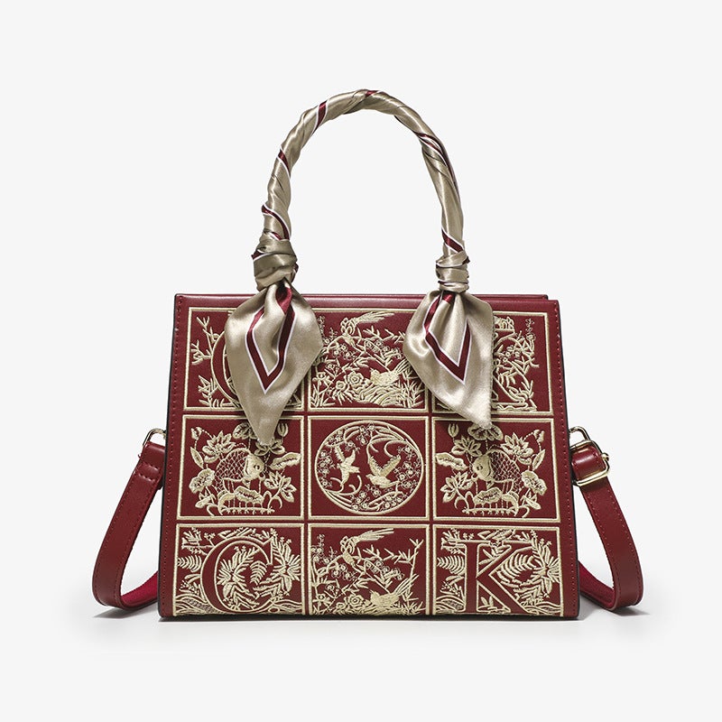 Newlywed Embroidered Handbag for Women 2023 New Large-Capacity Gift-Giving Shoulder Crossbody Bag National Trend Design Fashionable and Versatile Red