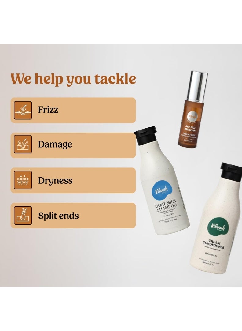 Vilvah Store Frizz Free Hair Combo, Anti Frizz Hair Serum 30ml+ Goat Milk Shampoo 250ml+ Cream Conditioner 250ml Great for Dry, Damaged, and Frizzy Hair - Image 3