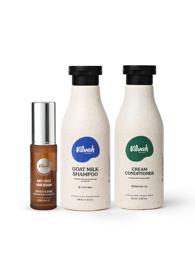 Vilvah Store Frizz Free Hair Combo, Anti Frizz Hair Serum 30ml+ Goat Milk Shampoo 250ml+ Cream Conditioner 250ml Great for Dry, Damaged, and Frizzy Hair - Image 1