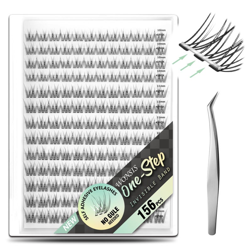 WONSIS Self Adhesive Eyelashes, 156 Pcs Self Adhesive Eyelash Clusters, No Glue Needed, Invisible Band Lash Clusters - Longer Lasting, No Sticky Residue Pre Glued Eyelashes (Natural-Invisible Band) - Image 1