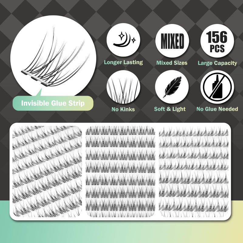 WONSIS Self Adhesive Eyelashes, 156 Pcs Self Adhesive Eyelash Clusters, No Glue Needed, Invisible Band Lash Clusters - Longer Lasting, No Sticky Residue Pre Glued Eyelashes (Natural-Invisible Band) - Image 4