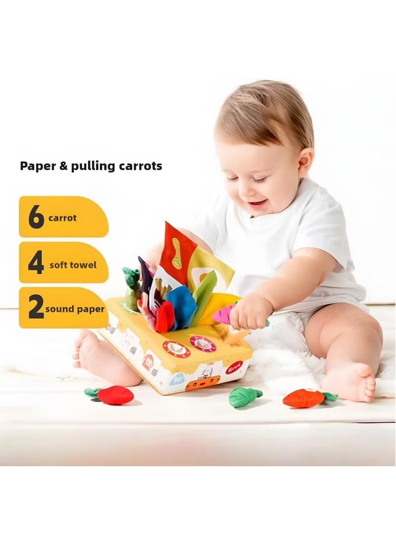 Arabest 2 in1 Baby Tissue Box Toy with Carrot Pulling and Extract tissue paper - Includes 6 Carrots, 4 Ultra-soft Tissues, and 2 Crinkle Papers - Encourages Sensory Development, Hand-eye Coordination (Amusement Park)  - Image 2