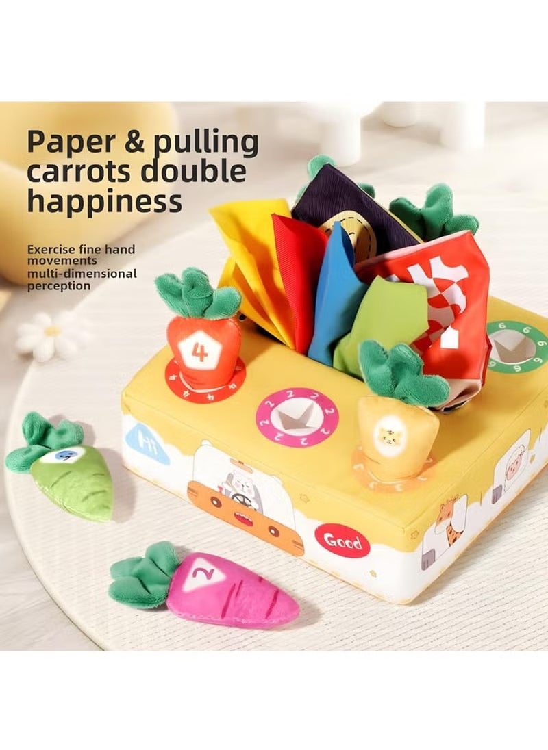 Arabest 2 in1 Baby Tissue Box Toy with Carrot Pulling and Extract tissue paper - Includes 6 Carrots, 4 Ultra-soft Tissues, and 2 Crinkle Papers - Encourages Sensory Development, Hand-eye Coordination (Amusement Park)  - Image 4