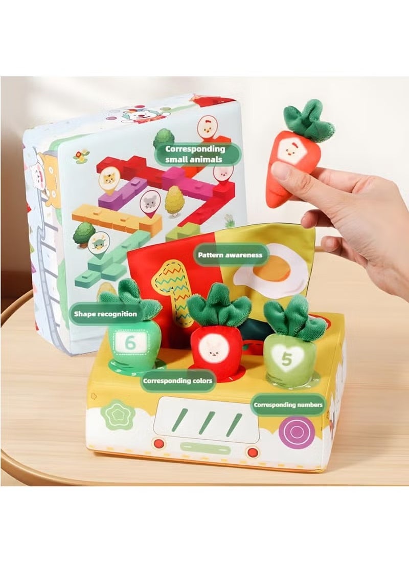 2 in1 Baby Tissue Box Toy with Carrot Pulling and Extract tissue paper - Includes 6 Carrots, 4 Ultra-soft Tissues, and 2 Crinkle Papers - Encourages Sensory Development, Hand-eye Coordination (Amusement Park)