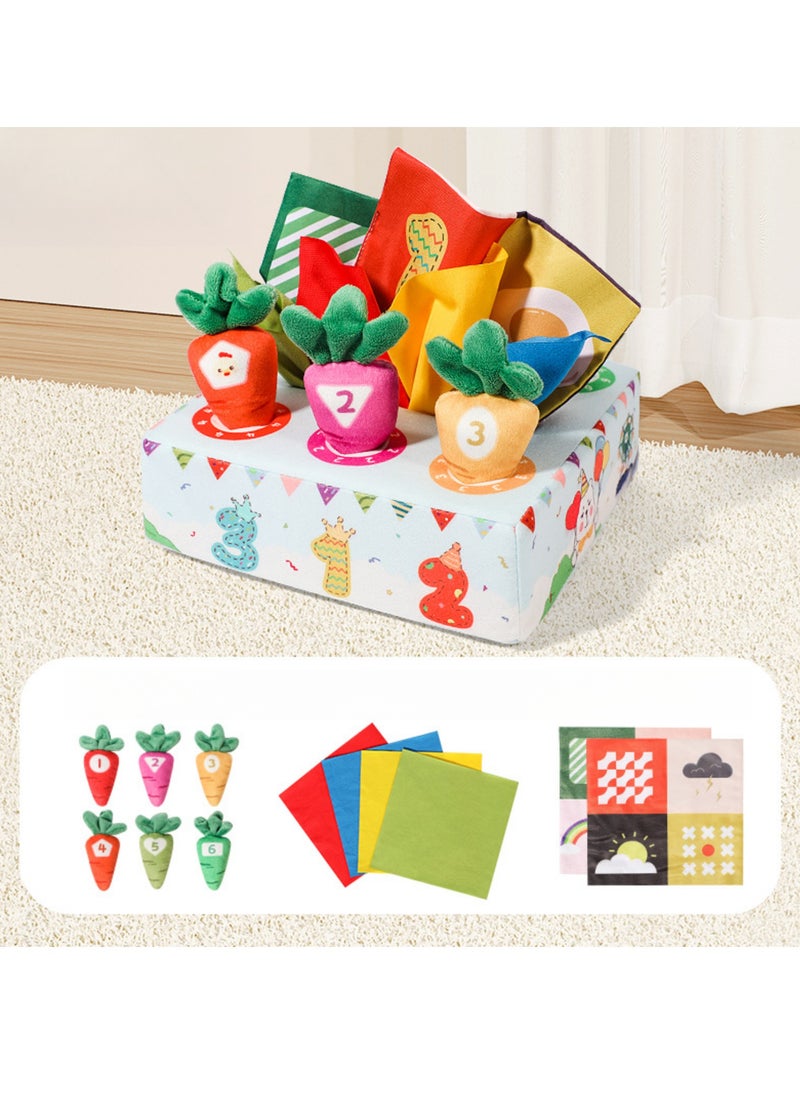 Arabest 2 in1 Baby Tissue Box Toy with Carrot Pulling and Extract tissue paper - Includes 6 Carrots, 4 Ultra-soft Tissues, and 2 Crinkle Papers - Encourages Sensory Development, Hand-eye Coordination (Amusement Park)  - Image 1