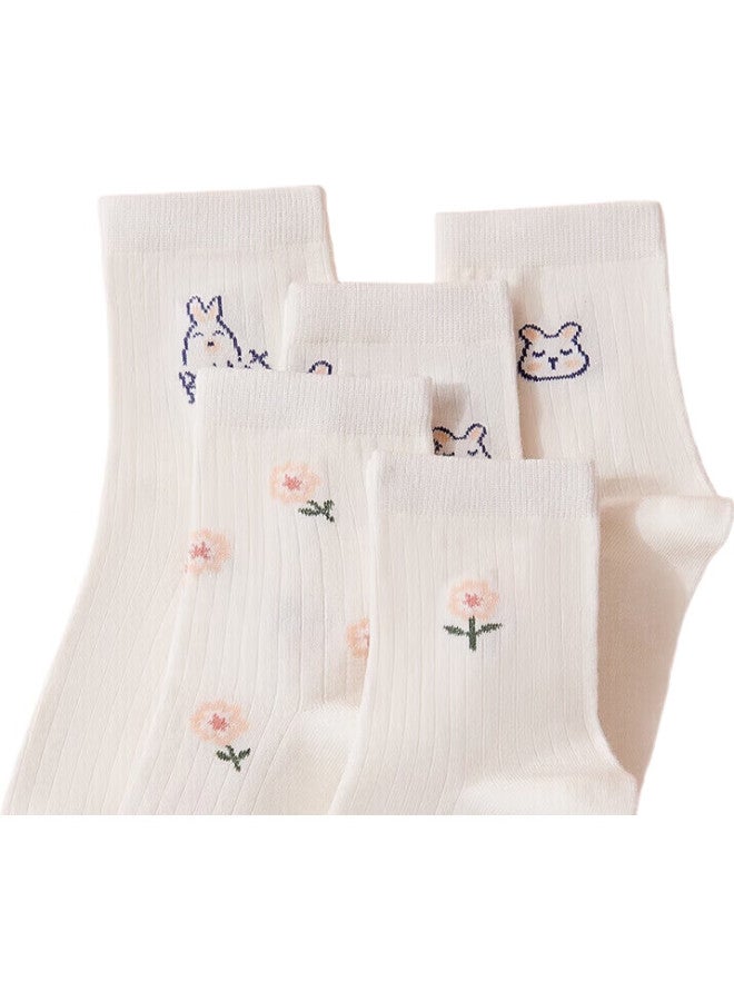 MIIOW 5-Pair Set Women'S Socks, Summer Mid-Calf Socks, Cotton Socks, Cute Rabbit Jacquard, Women'S Casual Long Socks - Image 1