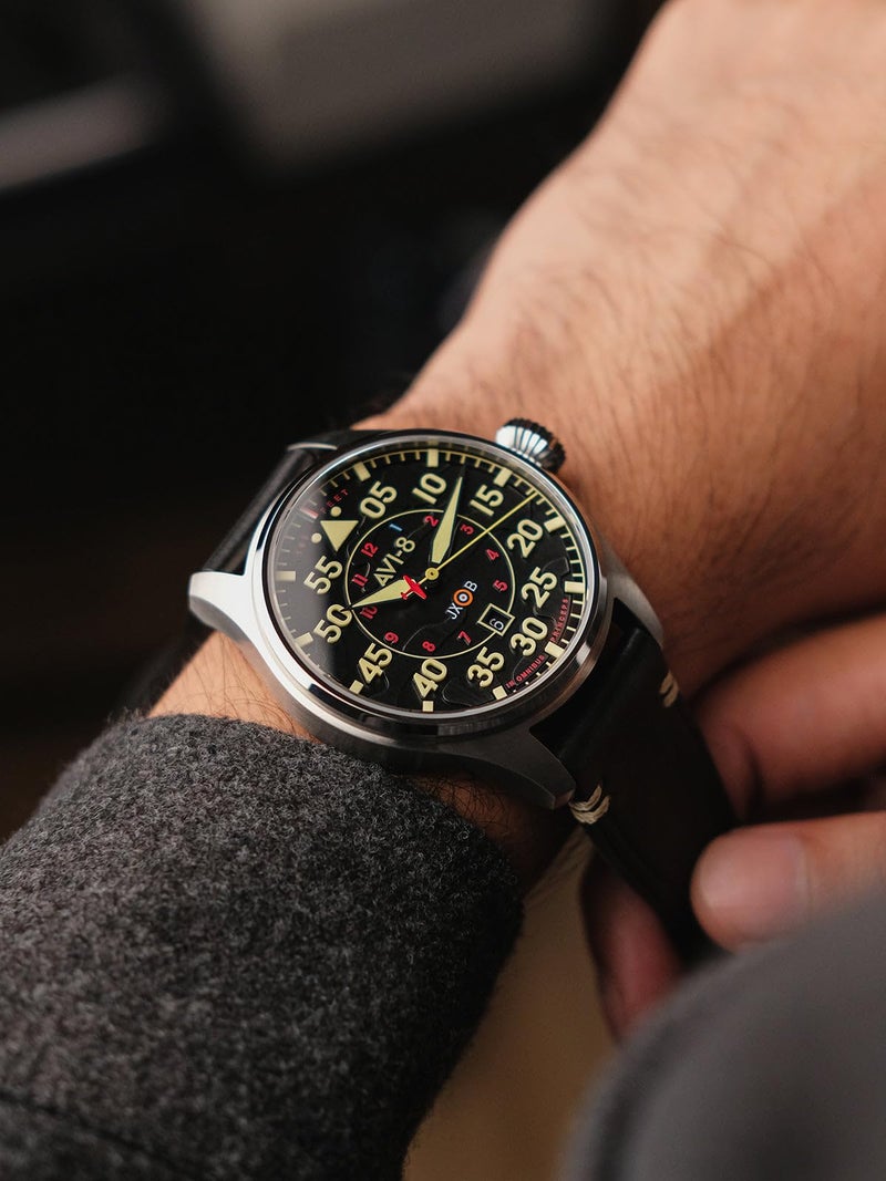 AVI-8 Mens 46mm Hawker Hurricane Clowes Automatic Kenley Pilot Watch with Genuine Leather Strap AV-4097-03 - Image 2