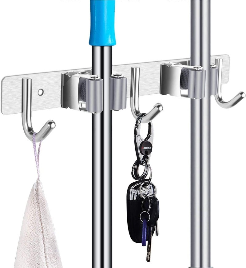 TOZRY Mop Broom Holder Wall Mount Stainless Steel Wall Mounted Storage Organizer Heavy Duty Tools HangerHooks for Kitchen Bathroom Closet Garage Office Garden 1Pc Hanging Shelves 2 Shelf3 Hook - Image 1