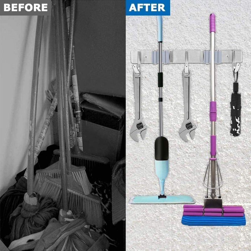 TOZRY Mop Broom Holder Wall Mount Stainless Steel Wall Mounted Storage Organizer Heavy Duty Tools HangerHooks for Kitchen Bathroom Closet Garage Office Garden 1Pc Hanging Shelves 2 Shelf3 Hook - Image 2