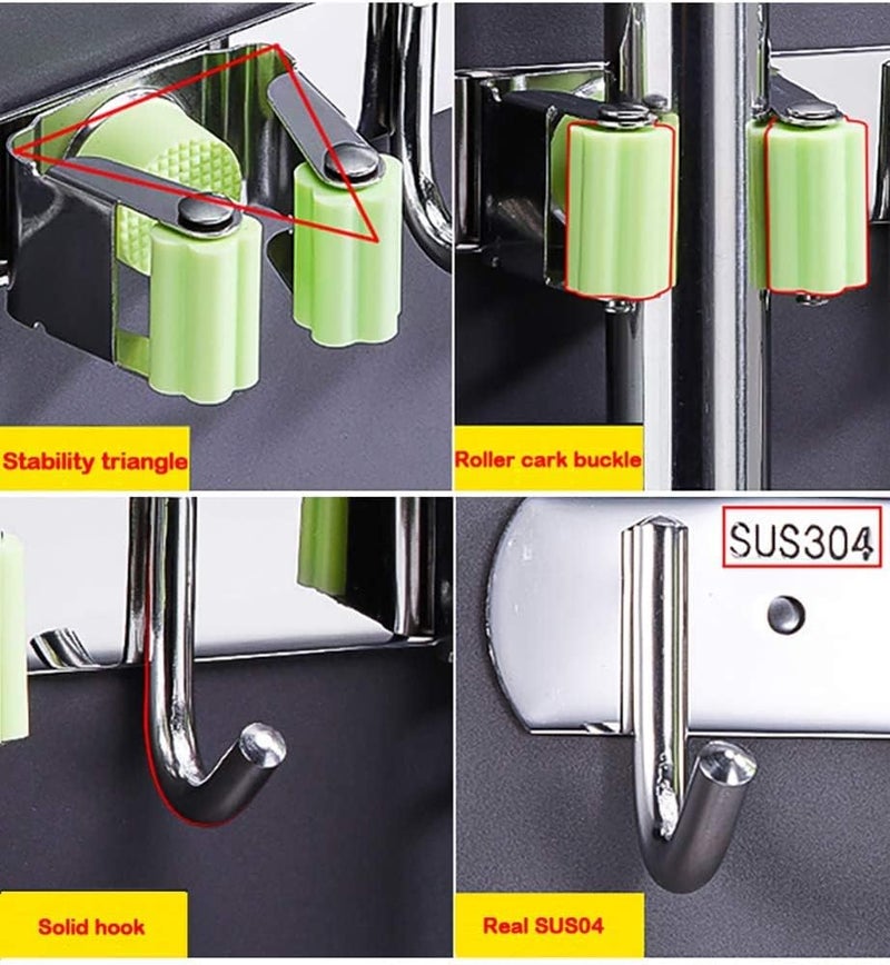 TOZRY Mop Broom Holder Wall Mount Stainless Steel Wall Mounted Storage Organizer Heavy Duty Tools HangerHooks for Kitchen Bathroom Closet Garage Office Garden 1Pc Hanging Shelves 2 Shelf3 Hook - Image 3
