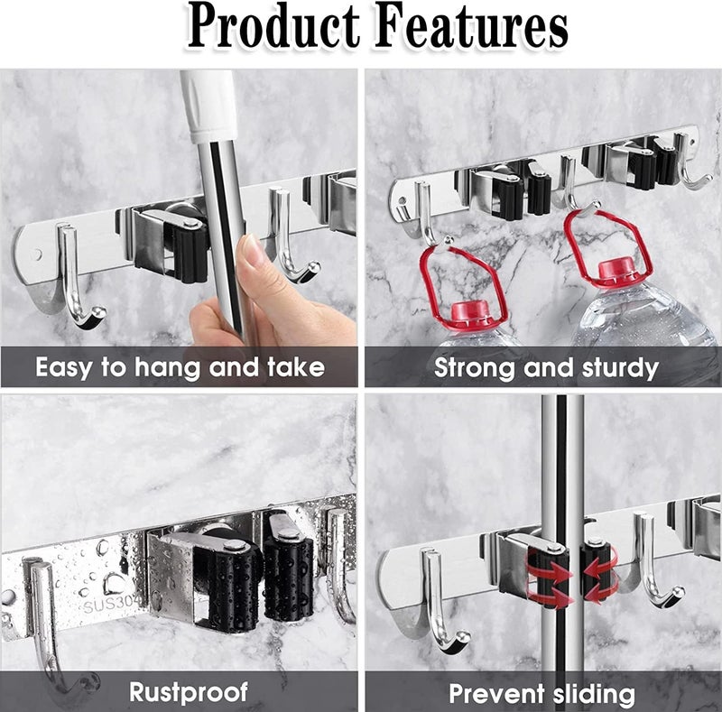 TOZRY Mop Broom Holder Wall Mount Stainless Steel Wall Mounted Storage Organizer Heavy Duty Tools HangerHooks for Kitchen Bathroom Closet Garage Office Garden 1Pc Hanging Shelves 2 Shelf3 Hook - Image 5