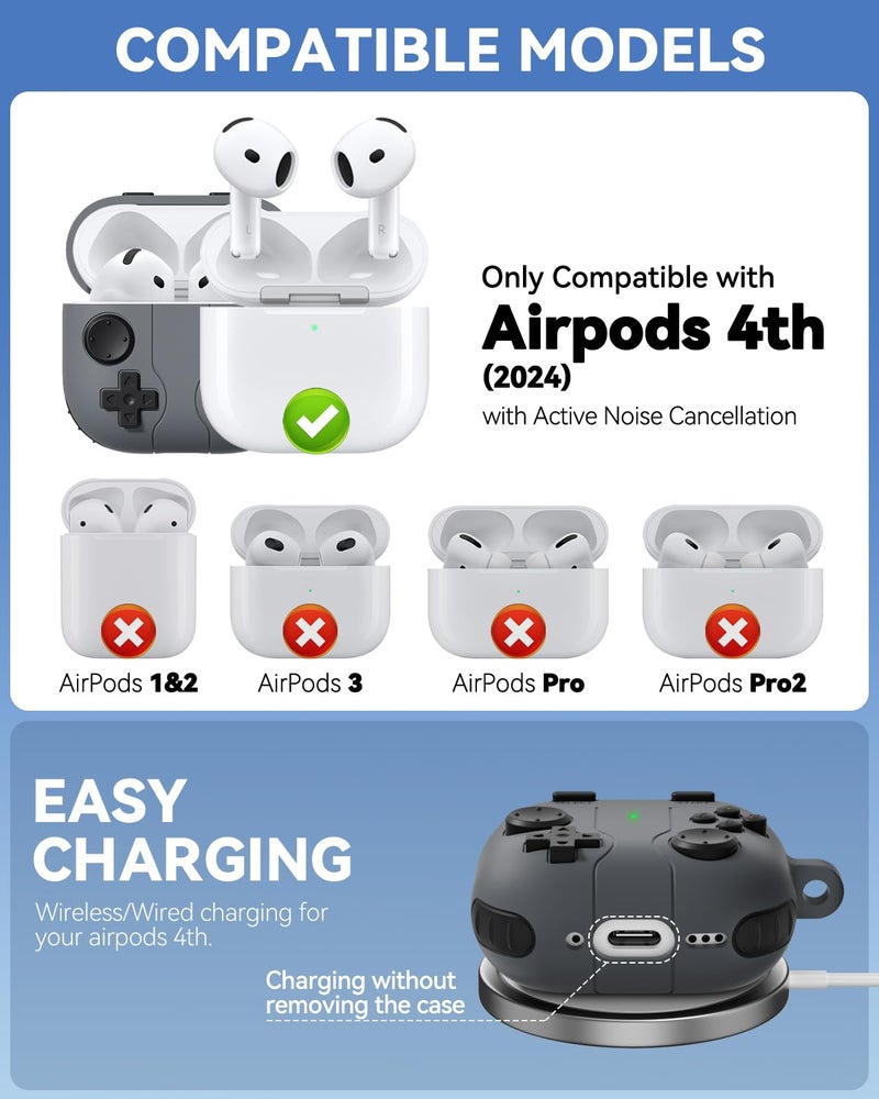 Wowwat Game Case for AirPods 4 Cover,Classic Cool Funny Shock-Proof Protective Silicone Air Pod 4 Case with Cleaning Kit and Keychain Accessories for Apple Airpods 4th Generation for Men Boy-Black - Image 2