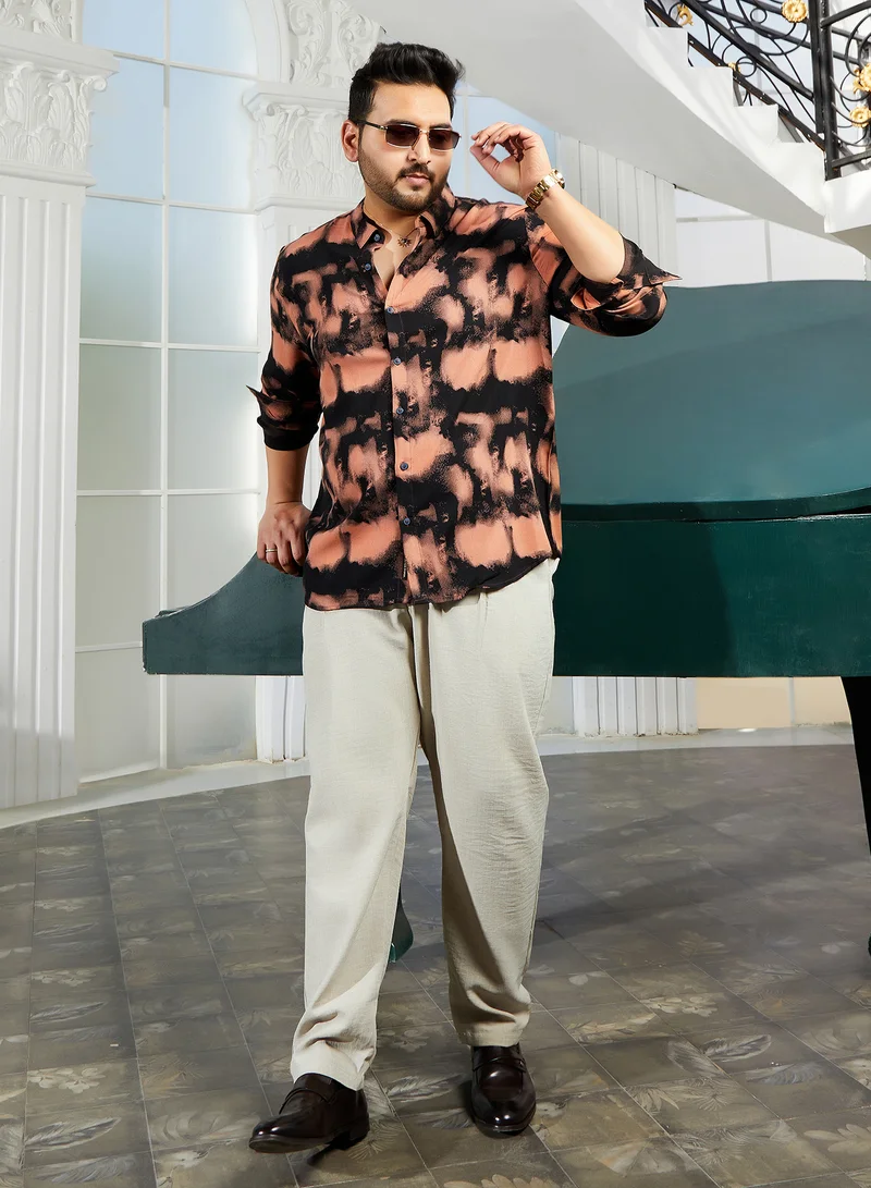 Instafab Plus Instafab Plus Men's Obsidian Black & Sienna Brown Smudged-Block Regular Shirt For Casual Wear | Spread Collar | Long Cuffed Sleeves | Button Closure | Plus Size Shirt Crafted With Comfort Fit For Everyday Wear