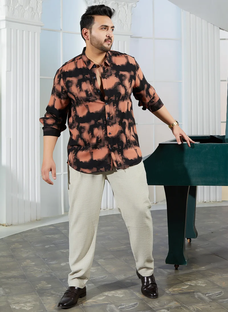 Instafab Plus Instafab Plus Men's Obsidian Black & Sienna Brown Smudged-Block Regular Shirt For Casual Wear | Spread Collar | Long Cuffed Sleeves | Button Closure | Plus Size Shirt Crafted With Comfort Fit For Everyday Wear