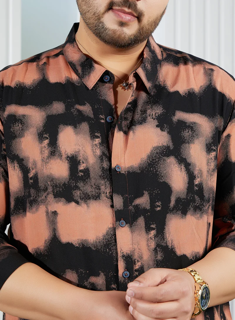 Instafab Plus Instafab Plus Men's Obsidian Black & Sienna Brown Smudged-Block Regular Shirt For Casual Wear | Spread Collar | Long Cuffed Sleeves | Button Closure | Plus Size Shirt Crafted With Comfort Fit For Everyday Wear