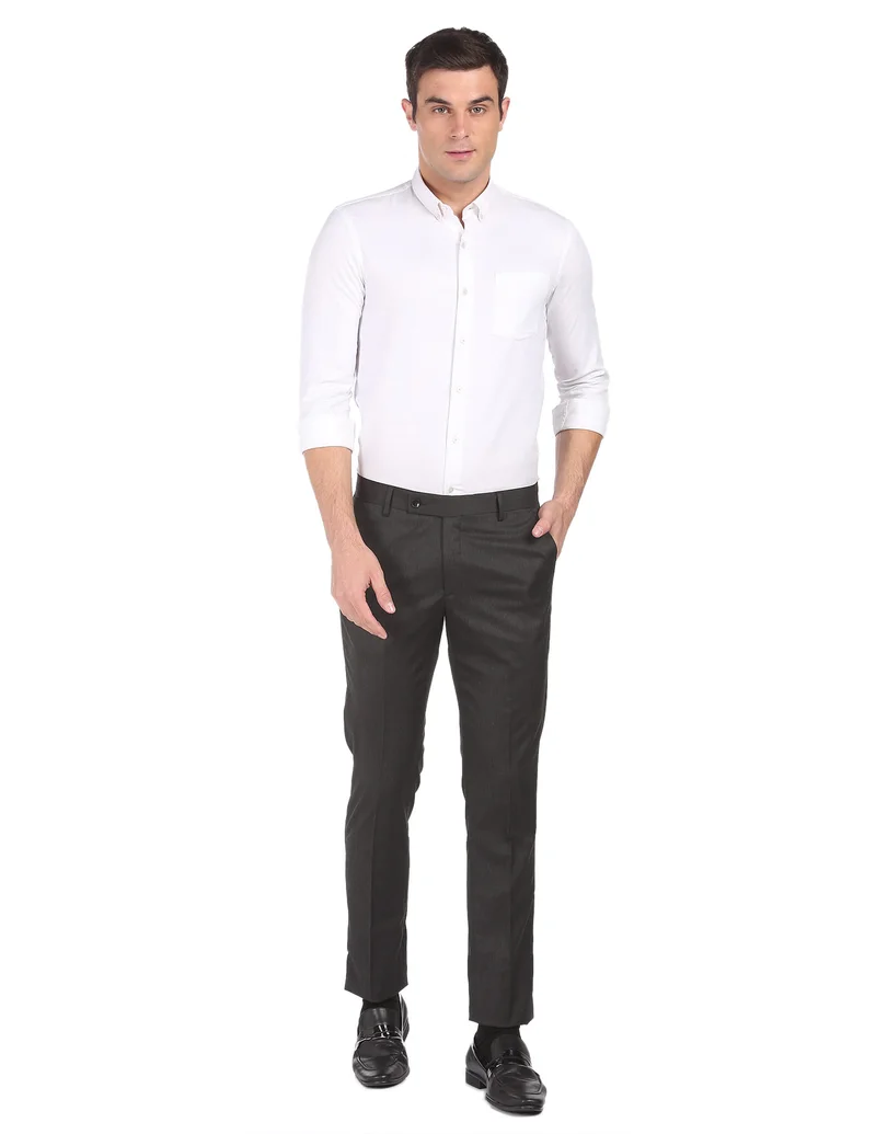 Arrow Charcoal Mid Rise Heathered Formal Trousers for Men | Best Price UAE