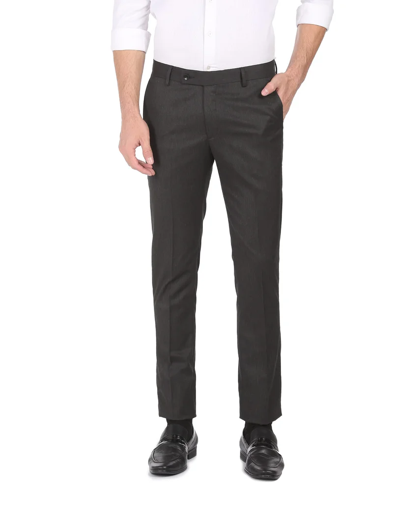 Arrow Charcoal Mid Rise Heathered Formal Trousers for Men | Best Price UAE