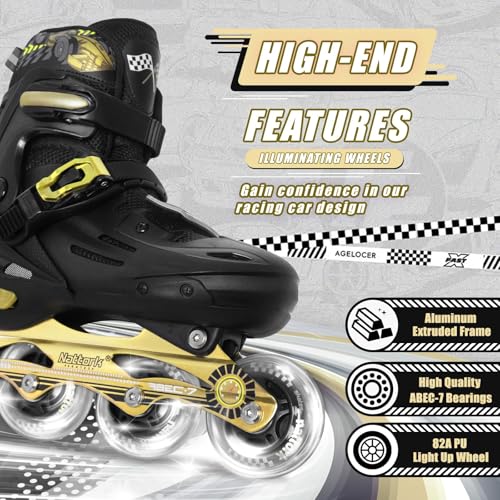 Nattork Kids Inline Skates Cool Racing Car Decorations Blades Roller for Boys Girls- Golden for Teenagers Youth Age 7 8 9 10 - Adjustable All Light up Wheels Indoor Outdoor Birthday Gift for Son and Grandson - Image 4