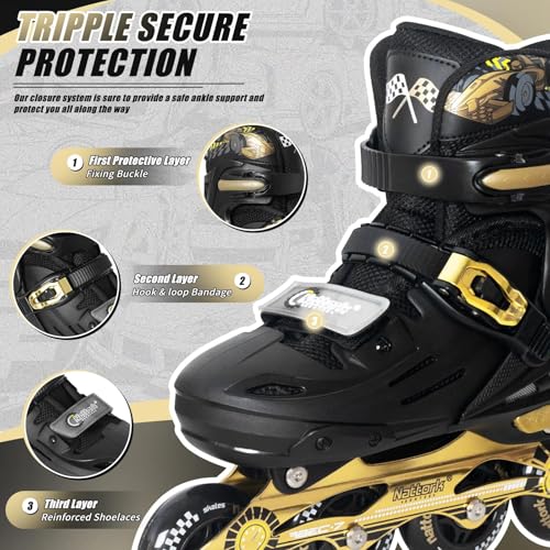 Nattork Kids Inline Skates Cool Racing Car Decorations Blades Roller for Boys Girls- Golden for Teenagers Youth Age 7 8 9 10 - Adjustable All Light up Wheels Indoor Outdoor Birthday Gift for Son and Grandson - Image 2