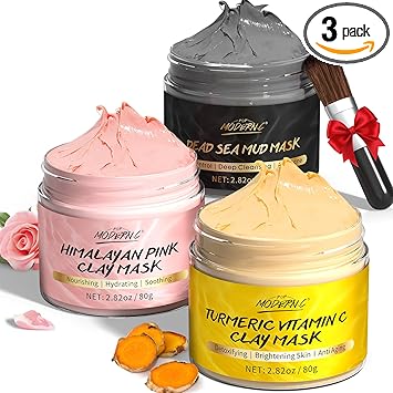 POP MODERN.C Clay Mask Kit Turmeric Vitamin C Clay Mask Dead Sea Mud Mask Himalayan Clay Mask Face Masks Set Skincare for Deep Cleansing Refining Pores Reduce Blackheads Acne Dark Spots Oil Control 3x80g - Image 1